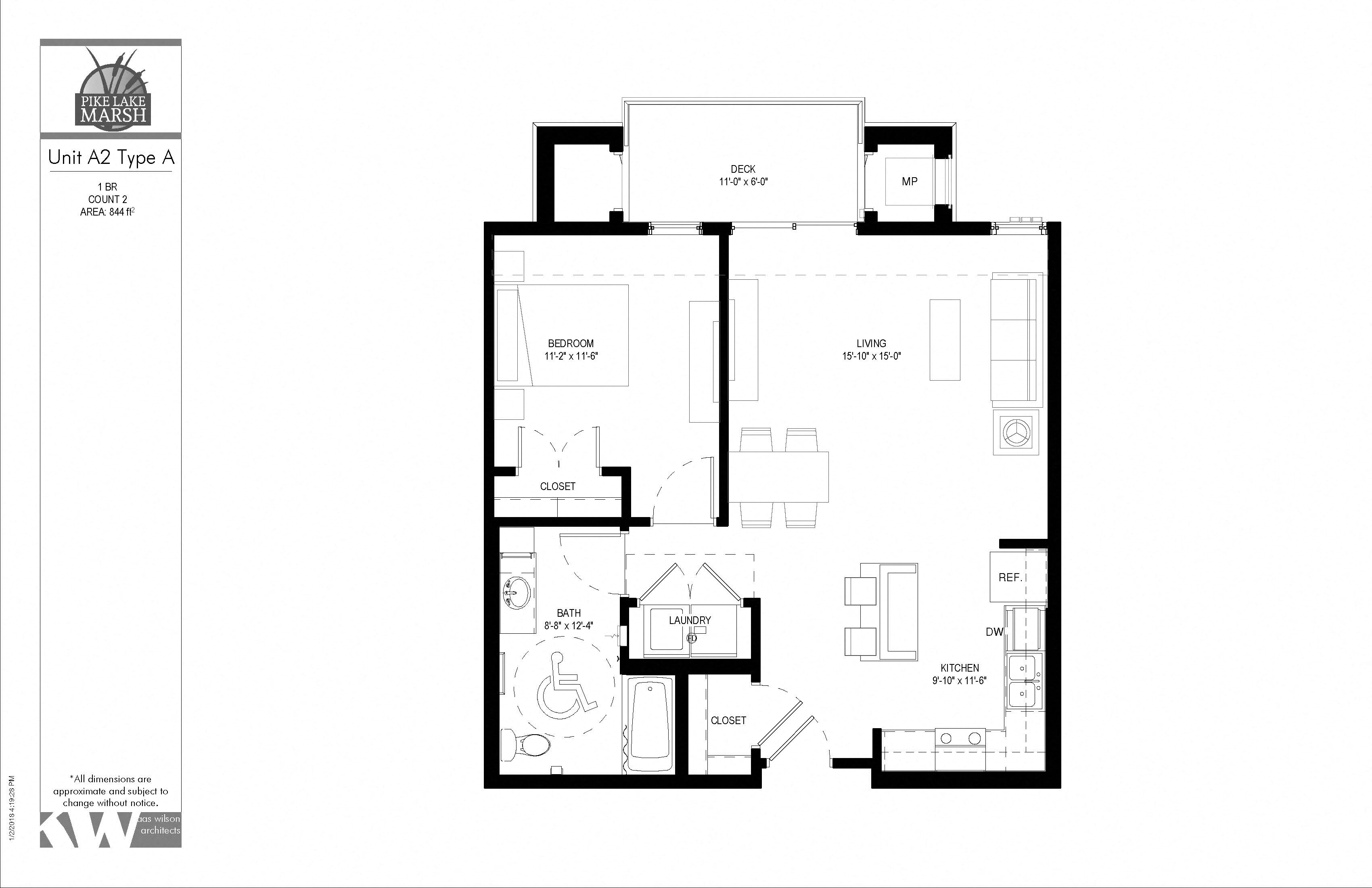 Floor plan for 1 bed, 1 bath, 844 sqft